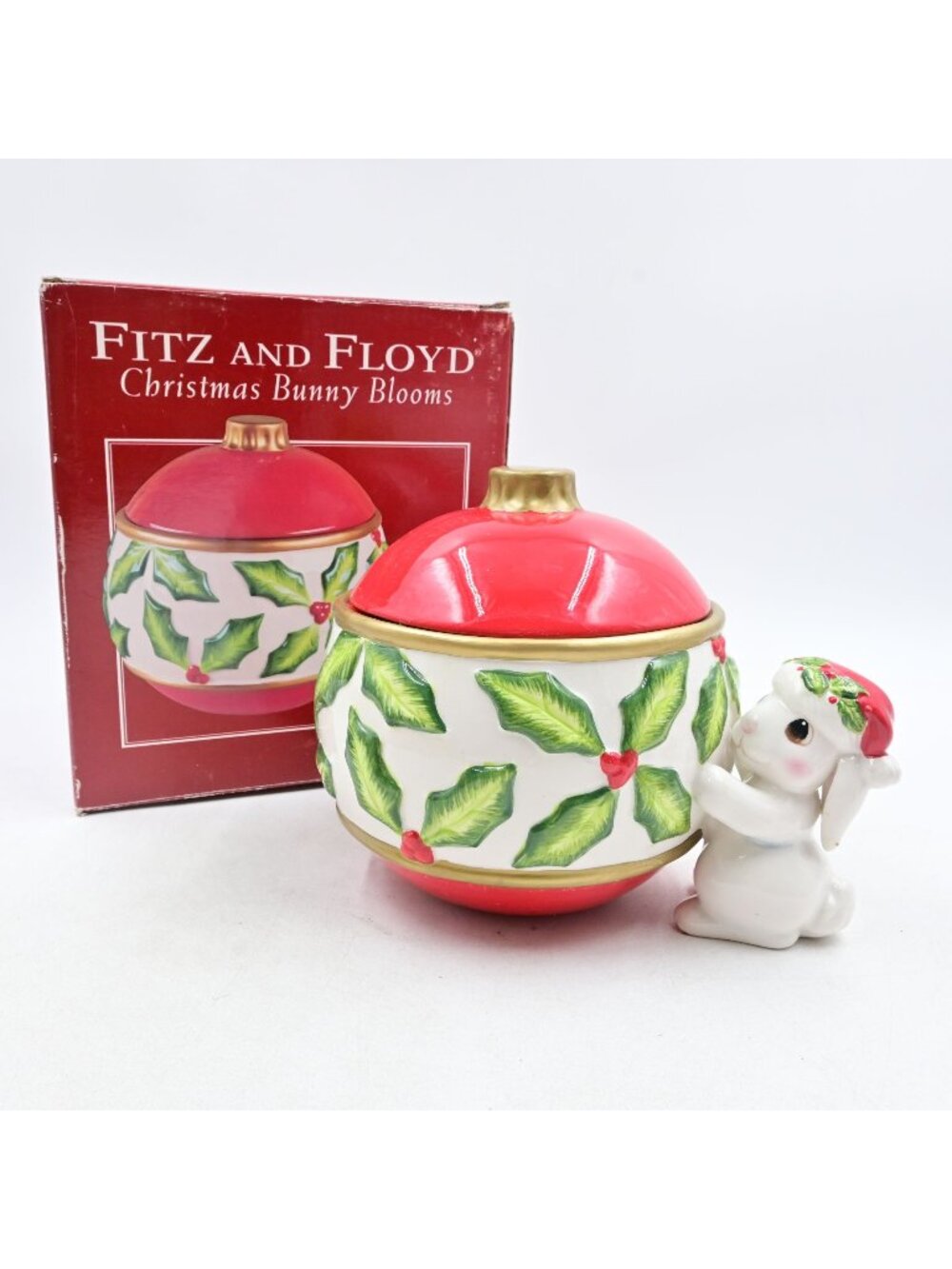 Fitz And Floyd Christmas Bunny Blooms Lidded Candy Jar 6.5" Holly Berry Ceramic